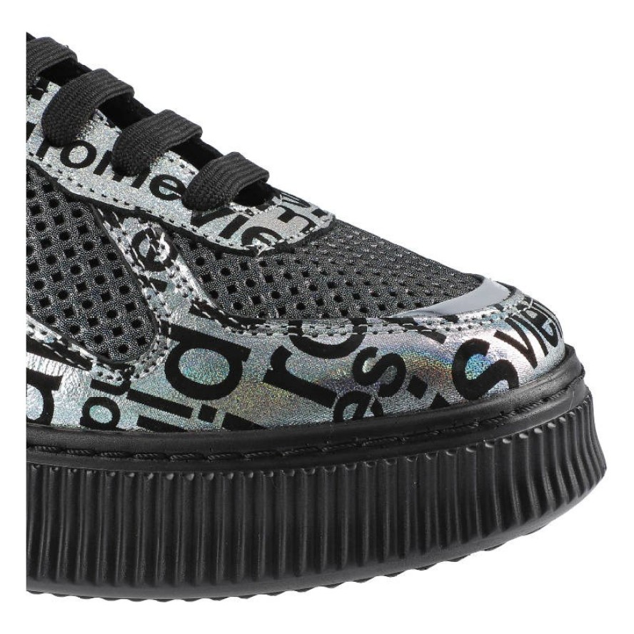 Sneakersy damskie Artiker, z mieszanej cholewki z perforacją sznurowaniem na oczka nadrukowanymi panelami i elastyczną podeszwą, srebrno-czarne, 46C2