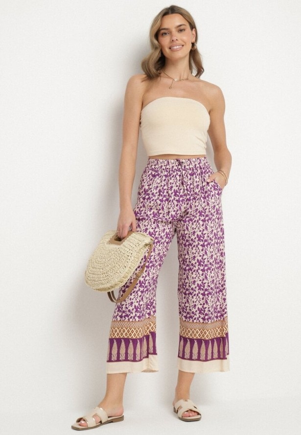 Fioletowe Bawełniane Spodnie z Wysokim Stanem o Długości 7/8 ze Wzorem Boho Lisavinea