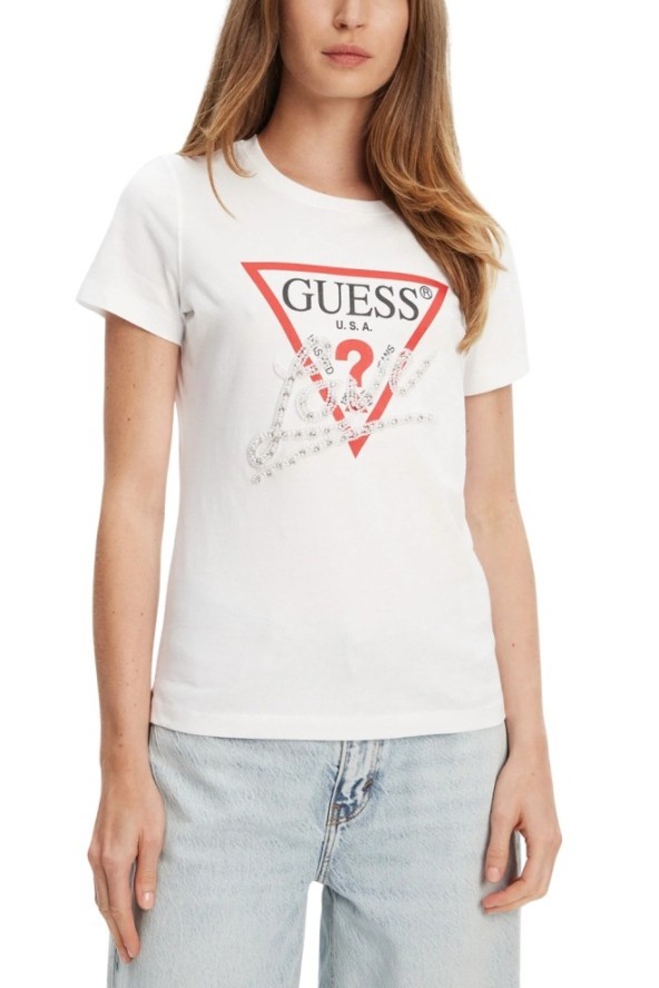 GUESS Biały damski t-shirt Pearls Love, Rozmiar M