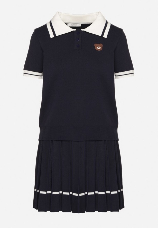 Granatowy Komplet Dzianinowy z Wiskozą Koszulka Polo i Plisowana Spódnica Nelreis