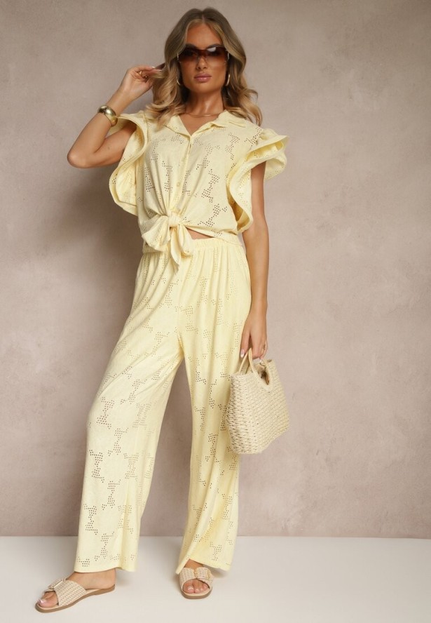 Żółty Komplet Ażurowy Bluzka o Koszulowym Kroju i Spodnie z Szeroką Nogawką Linaniria