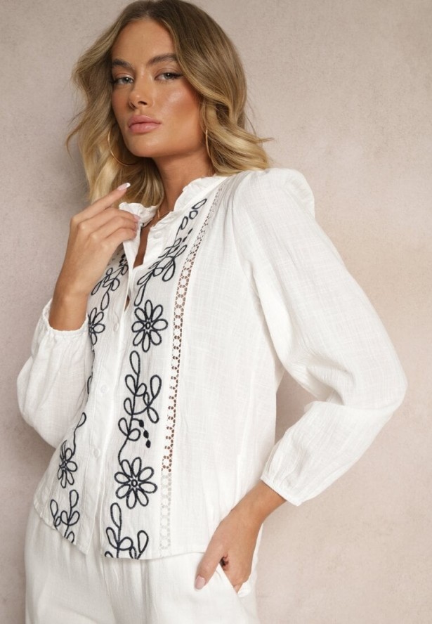 Biała Koszula z Wiskozą Bawełną i Haftem Nalorielle