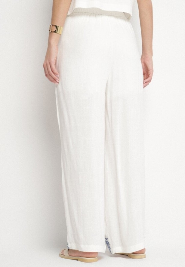 Białe Szerokie Spodnie z Lnem Wiskozą i Wysokim Stanem Ozdobione Haftem Borilna