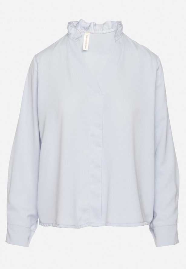 Jasnoniebieska Bluzka z Dekoltem w Serek i Stójką z Falbanką Davisora