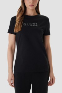GUESS Czarny damski t-shirt na krótki rękaw z cyrkoniami Briana, Rozmiar L