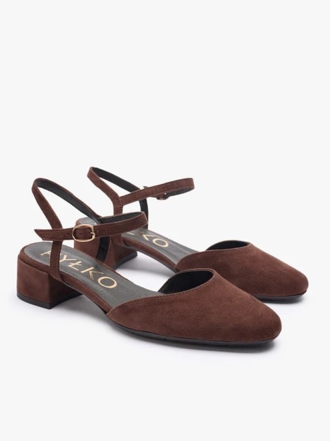 Ciemnobrązowe czółenka slingback na niskim słupku