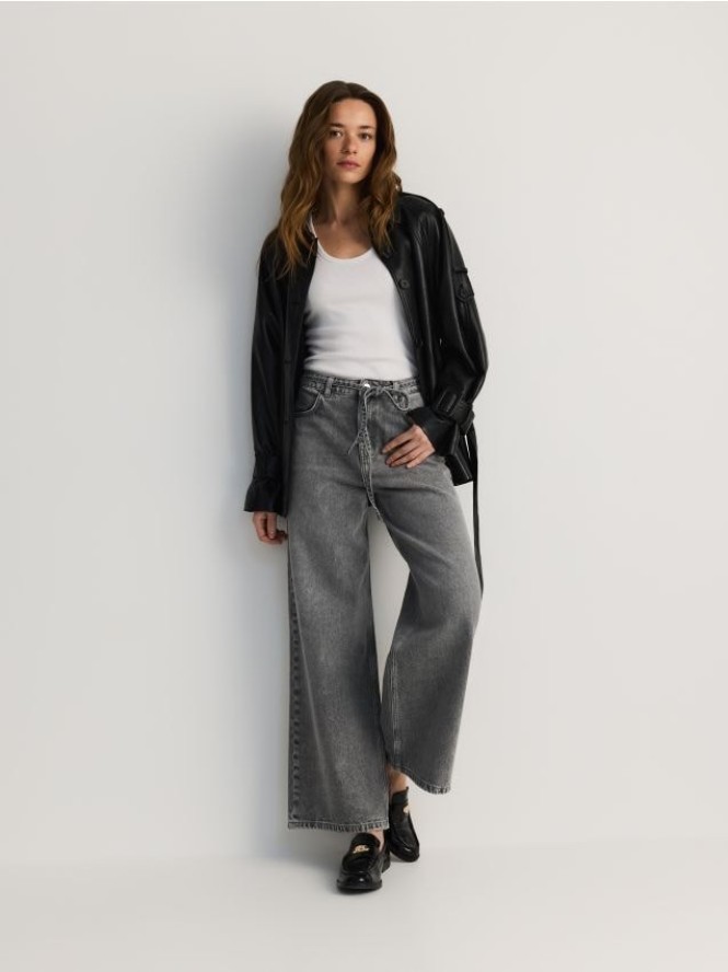Jeansy wide leg z wiązaniem - jasnoszary