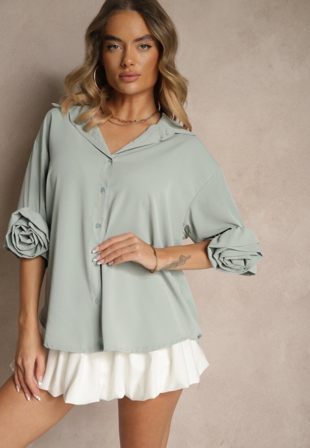 Jasnozielona Koszula Ozdobiona Kwiatami 3DTenisela