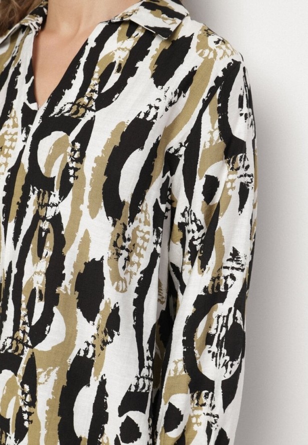 Czarno-Beżowy Komplet z Wiskozą w Abstrakcyjny Wzór Koszulowa Bluzka i Spodnie Sarivone