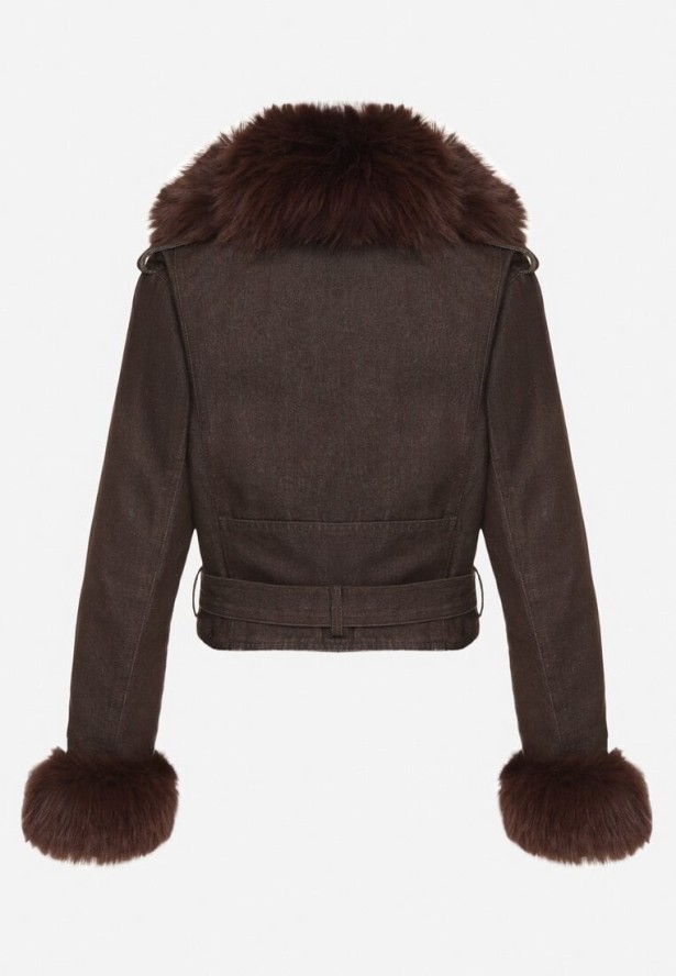 Brązowa Ocieplana Kurtka Ramoneska z Futrem przy Kołnierzu i Rękawach Mevesala