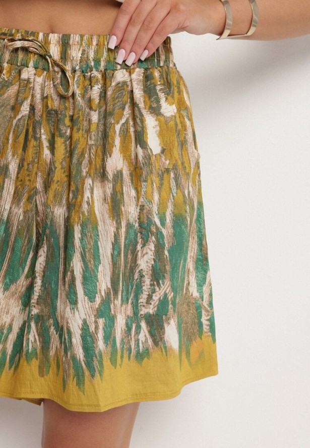 Zielono-Żółte Wiskozowe Szorty z Motywem Panterki Divonea