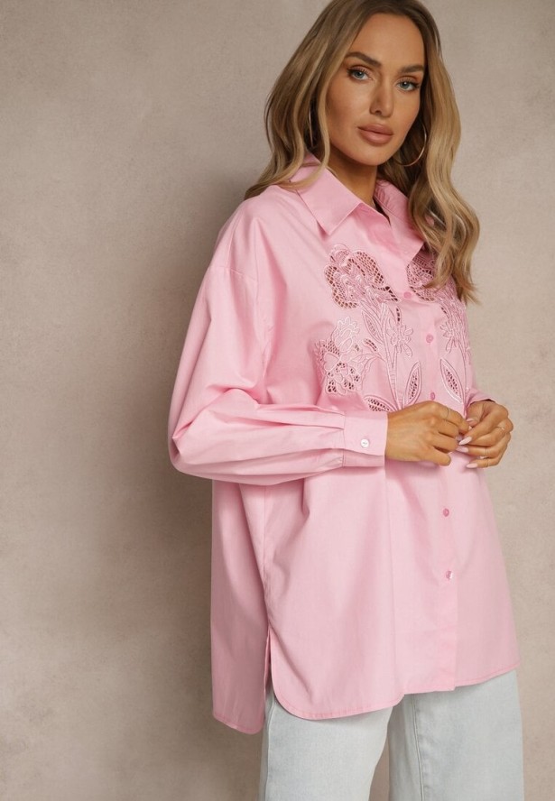 Różowa Koszula Oversize z Bawełny z Ażurowymi Zdobieniami z Motywem Kwiatowym Voesia