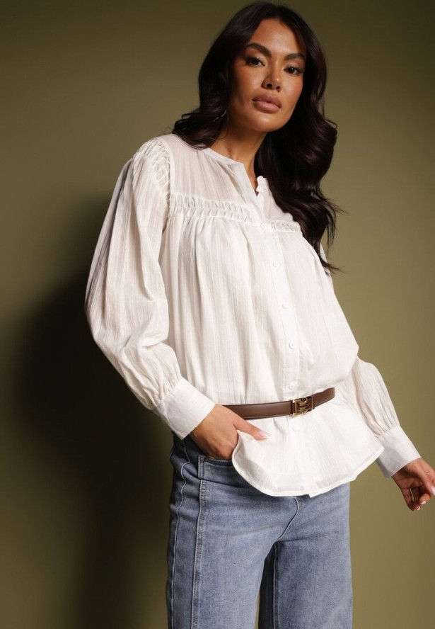 Biała Koszula z Bawełny z Ozdobnymi Wstawkami Lakinia