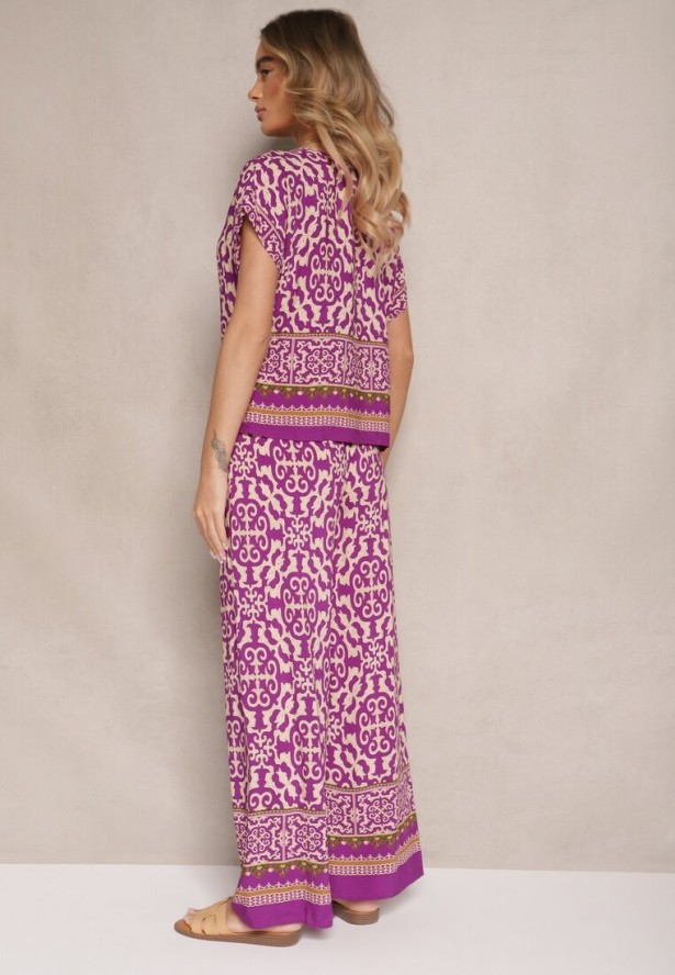 Fioletowy Komplet Spodnie i Bluzka z Bawełny w Ornamentalny Print Nanitria
