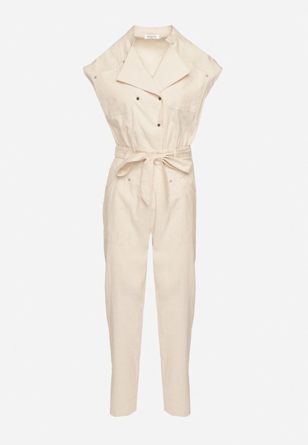 Beżowy Kombinezon z Wiskozą o Koszulowym Kroju z Wiązanym Paskiem i Napami Sepalisa