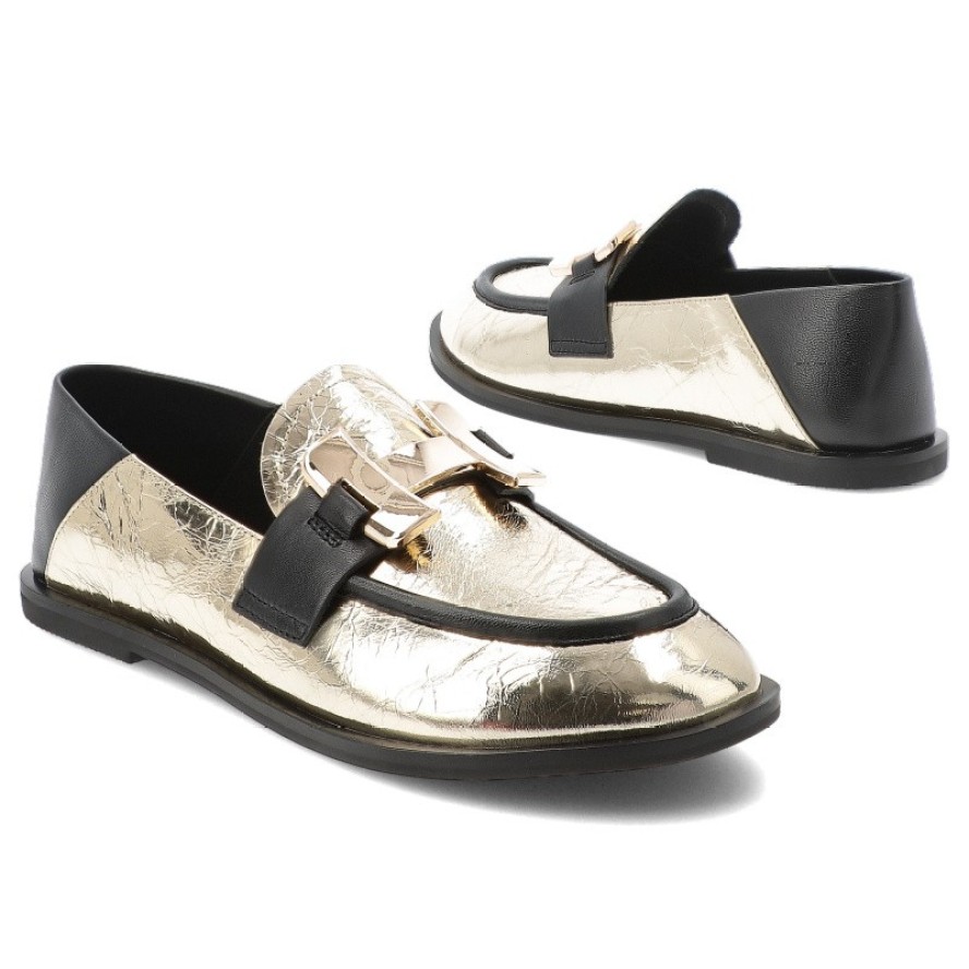 Złote Półbuty Carinii Eleganckie Obuwie Damskie Na Płaskiej Podeszwie