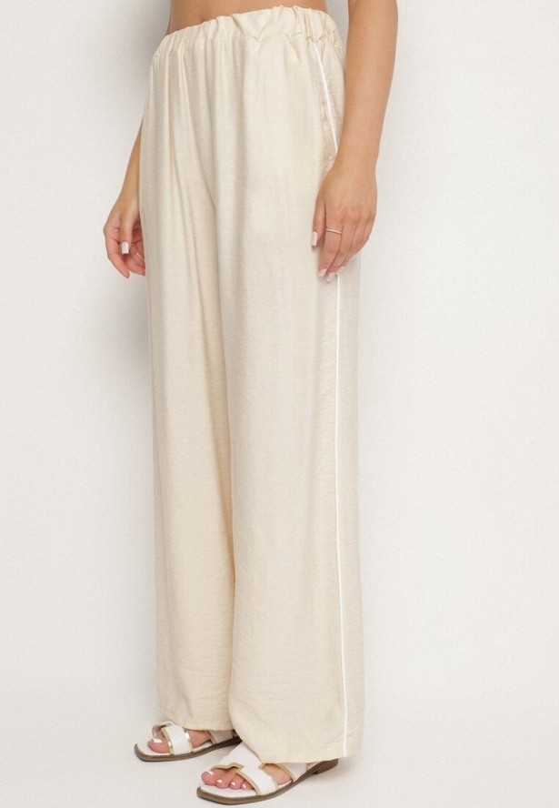 Jasnobeżowy Wiskozowy Komplet Krótka Koszula i Szerokie Spodnie Davitta