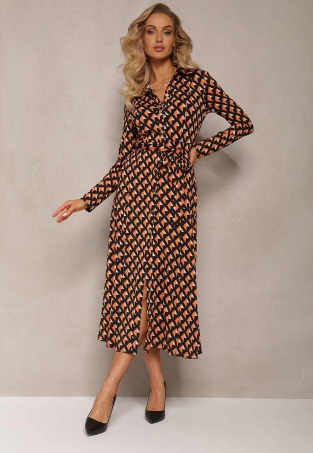 Pomarańczowo-Czarna Sukienka Koszulowa Rozkloszowana Burrus