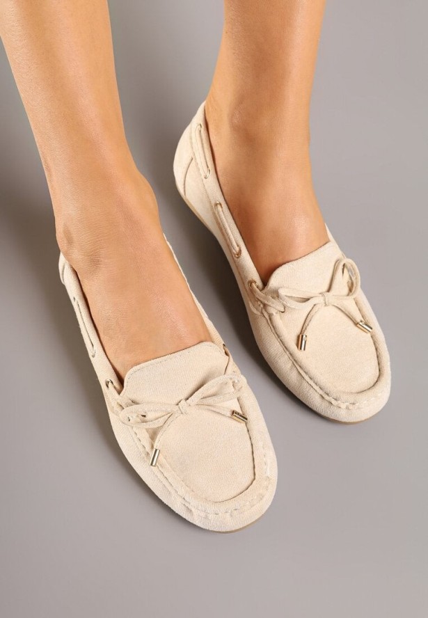 Beżowe Mokasyny z Imitacji Zamszu z Wiązaną Kokardą Sonarilia