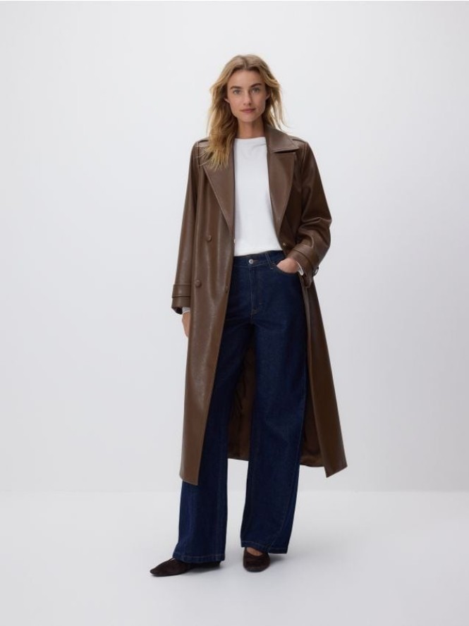 Płaszcz z imitacji skóry - brązowy