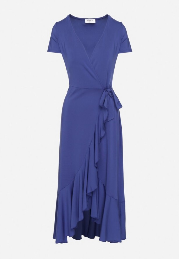 Niebieska Sukienka z Paskiem Kopertowa Ozdobiona Falbanami Wleffia