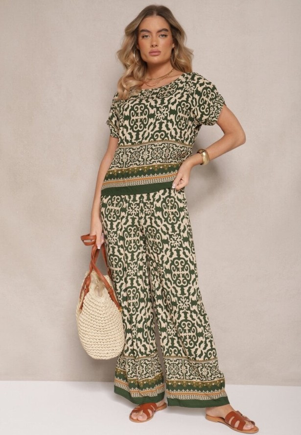 Ciemnozielony Komplet Spodnie i Bluzka z Bawełny w Ornamentalny Print Nanitria