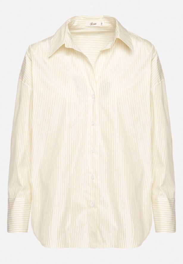 Żółta Bawełniana Koszula Oversize w Prążki Zdobiona Metaliczną Nicią Paserella