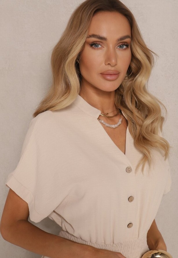 Beżowy Wiskozowy Kombinezon z Dekoltem w Serek Zapinany na Guziki Anisora