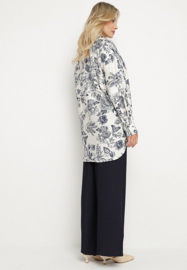 Granatowy Komplet Wiskozowy z Koszulą w Kwiaty i Szerokimi Spodniami Hanalore