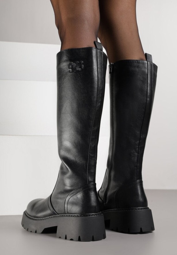 Czarne Kozaki VICES na Platformie z Tłoczonym Zdobieniem przy Cholewce Uniresa