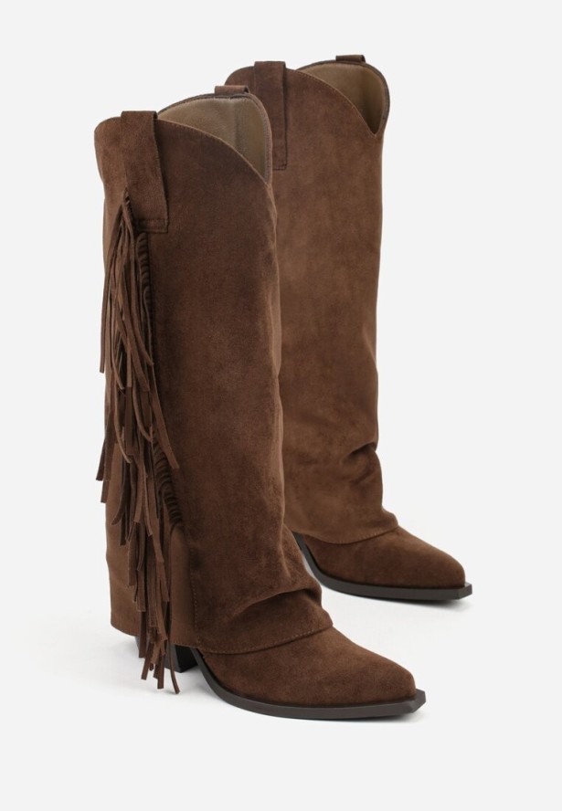 Brązowe Kozaki Kowbojki na Obcasie z Wywiniętą Cholewką z Frędzlami Monasatia