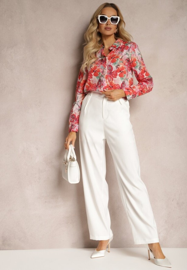 Czerwono-Różowa Klasyczna Koszula na Guziki z Bawełny w Kwiaty Taviea