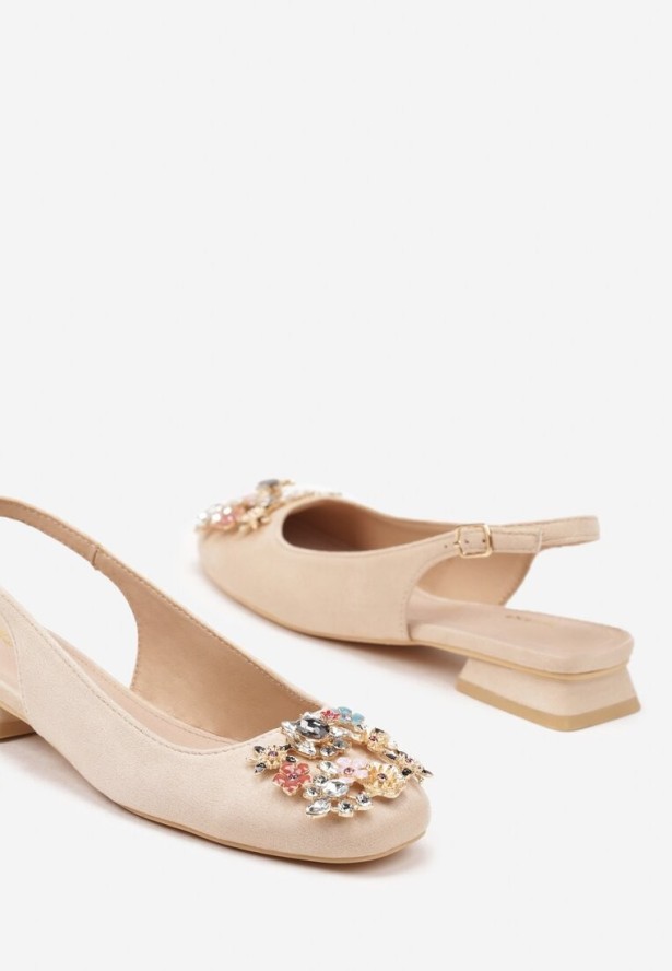 Beżowe Czółenka Slingback Vices z Cyrkoniami i Wkładką ze Skóry Eklina