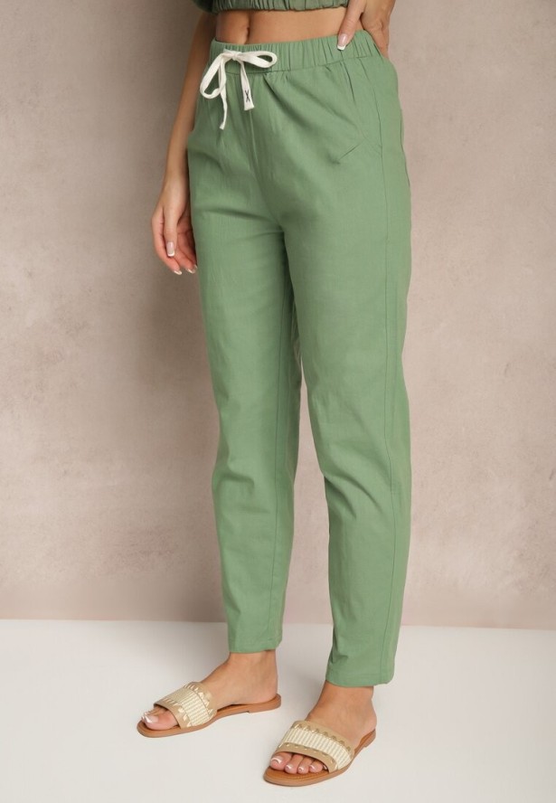 Zielone Bawełniane Spodnie ze Sznurkami Fenarlia