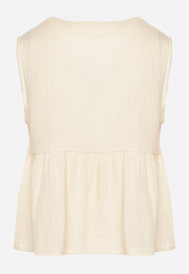 Beżowa Bawełniana Bluzka Top z Wiązaniem z Przodu i Lekką Falbanką Furena