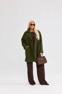 Damski płaszcz Isabella z tkaniny bukla w kolorze oliwkowym - elegancja i komfort PLUS SIZE XXL OVERSIZE JESIEŃ