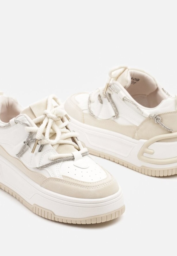 Biało-Beżowe Sneakersy na Platformie z Paskiem z Cyrkonii Aneolin