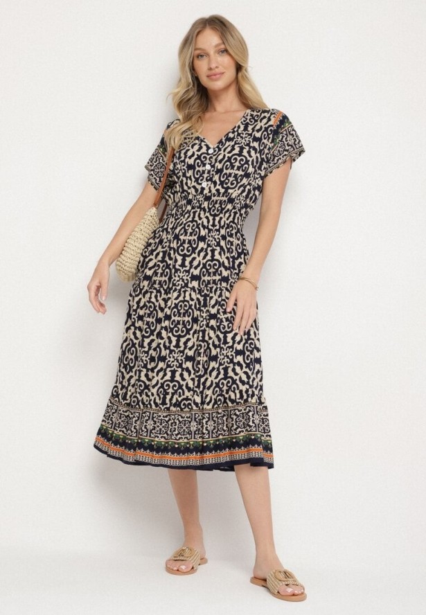 Granatowa Bawełniana Sukienka z Guzikami i Ornamentnym Wzorem Zisselle