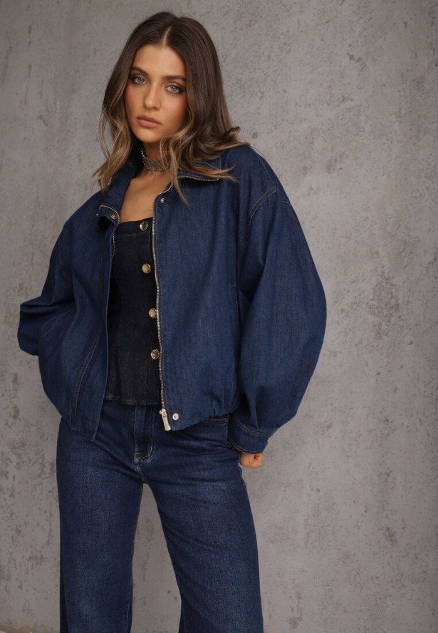 Niebieska Przejściowa Kurtka Jeansowa Balloon z Bawełny z Kołnierzykiem Abijena