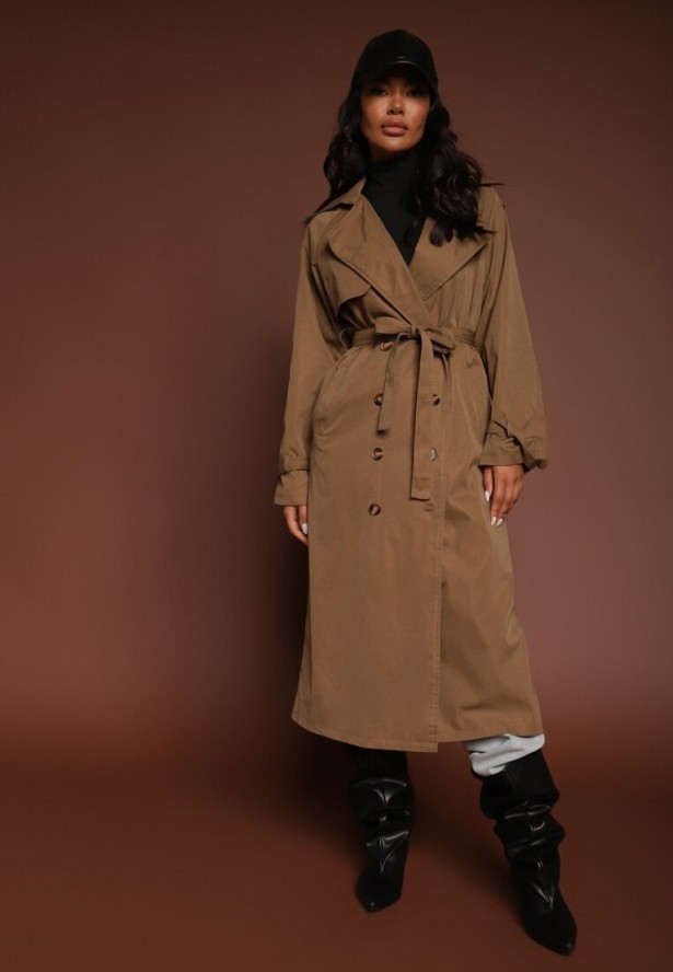 Brązowo-Zielony Płaszcz o Wydłużonym Fasonie Trencza z Guzikami i Paskiem Dennime