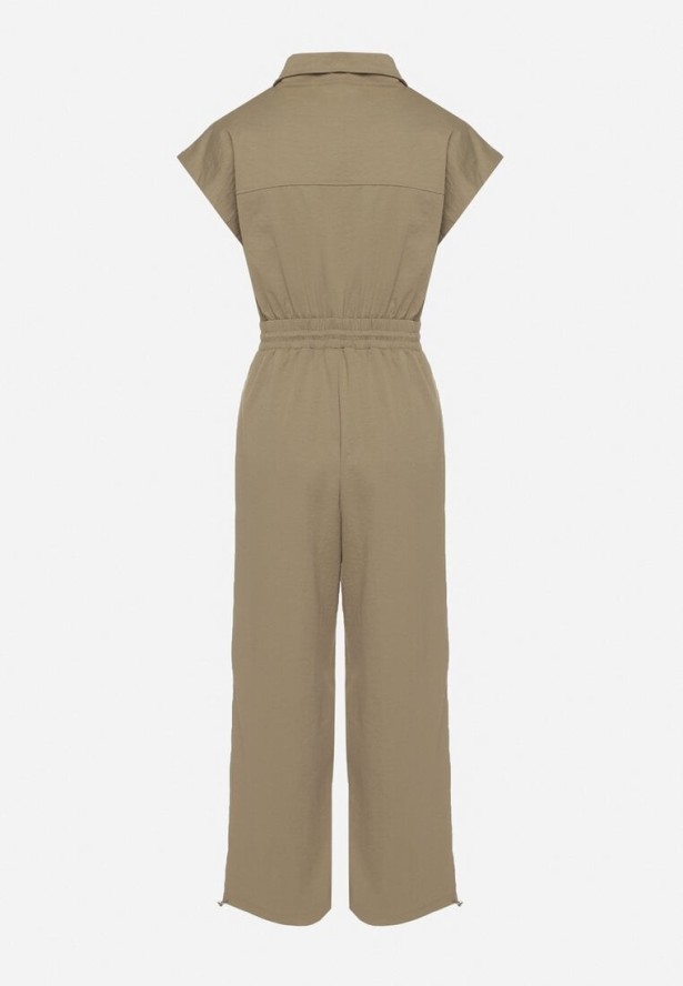 Zielony Kombinezon na Krótki Rękaw z Kołnierzykiem i Zapięciem na Suwak Kareldi