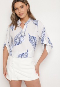 Biało-Niebieska Koszula z Bawełną we Wzór Liści Lumavaie