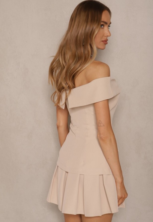 Beżowy Komplet Bluzka Hiszpanka Zapinana na Guziki i Rozkloszowana Spódnica Saladriela