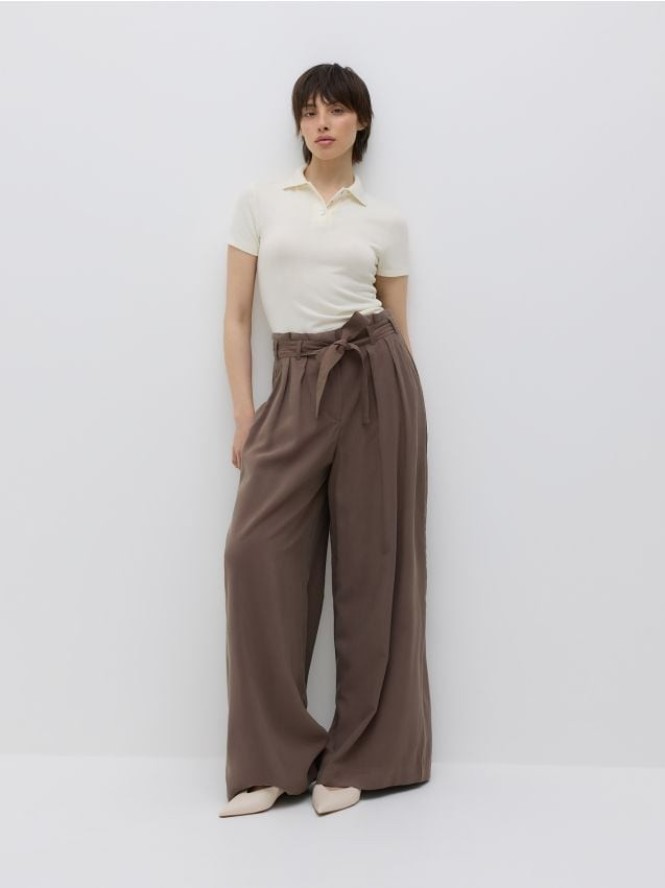 Luźne spodnie z wiązaniem - ciemnobrązowy