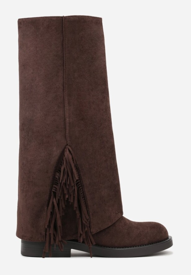 Brązowe Kozaki Ozdobione Frędzlami i Wywiniętą Cholewką Reilevia