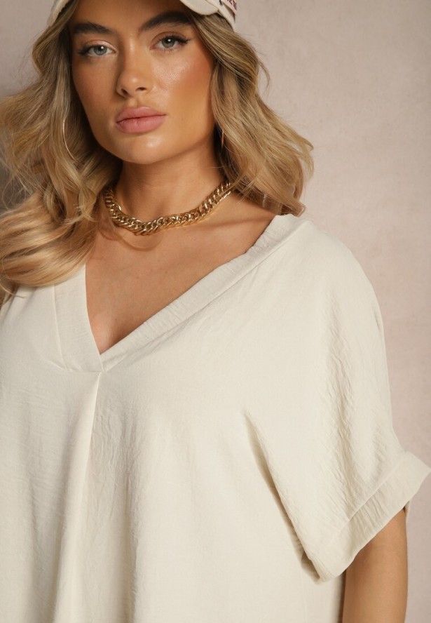 Ciemnobeżowy Bawełniany Komplet Spodnie o Szerokim Kroju i T-shirt Oversize Seltebis