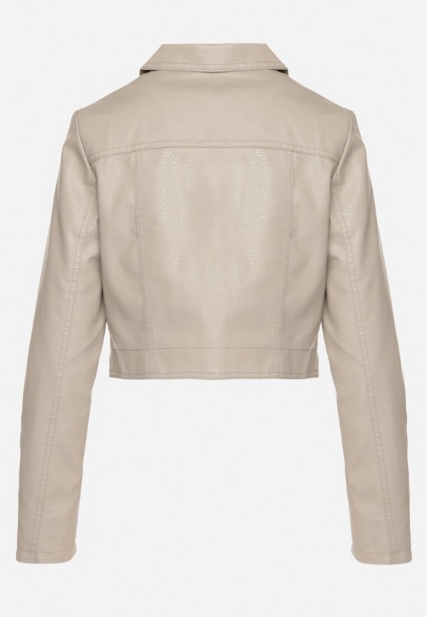 Beżowa Krótka Kurtka z Imitacji Skóry o Koszulowym Kroju z Kieszeniami Sesonia