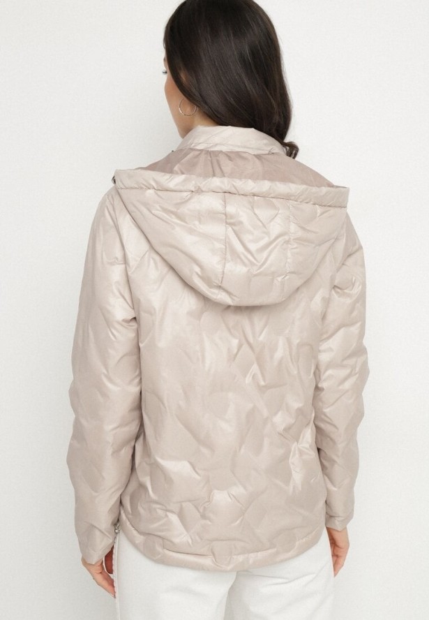 Beżowa Pikowana Kurtka o Dwustronnym Kroju z Odpinanym Kapturem Zeorina