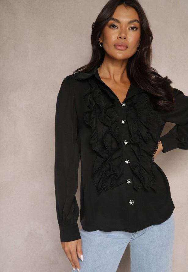 Czarna Elegancka Koszula z Cyrkoniami Falbanami i Biżuteryjnymi Guzikami Delthra