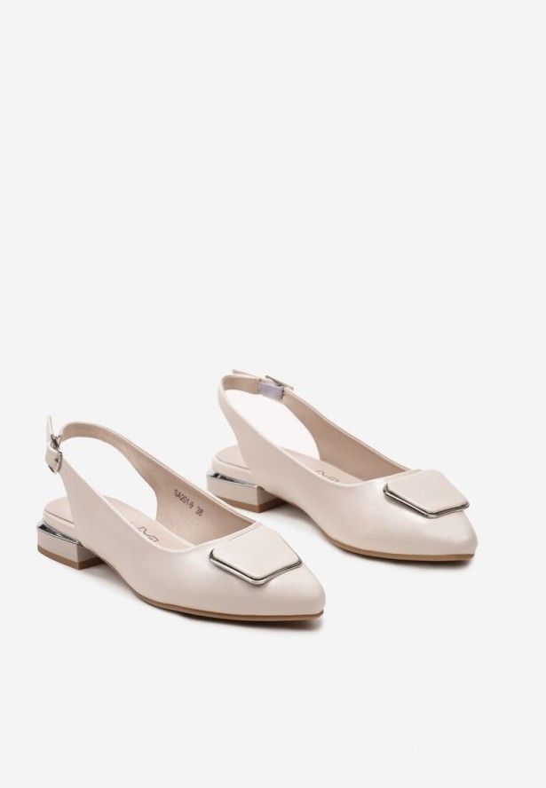 Beżowe Płaskie Sandały Sling-Back z Noskiem w Szpic i Klamrą ze Skórzaną Wkładką Sitaraga